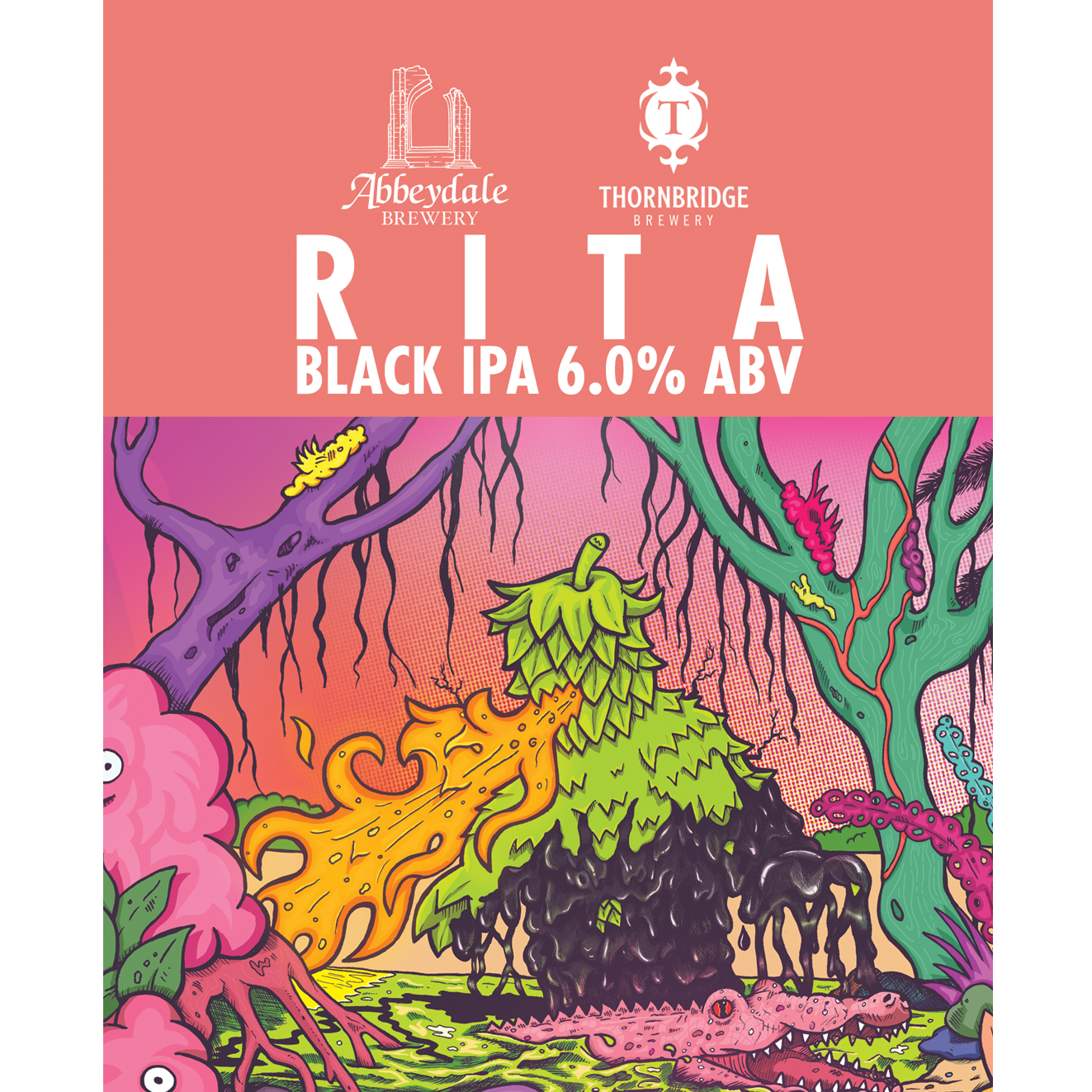 Craft Beer Label Illustration - Abbeydale Brewery x Thornbridge Brewery - Rita Black IPA Cask Artwork