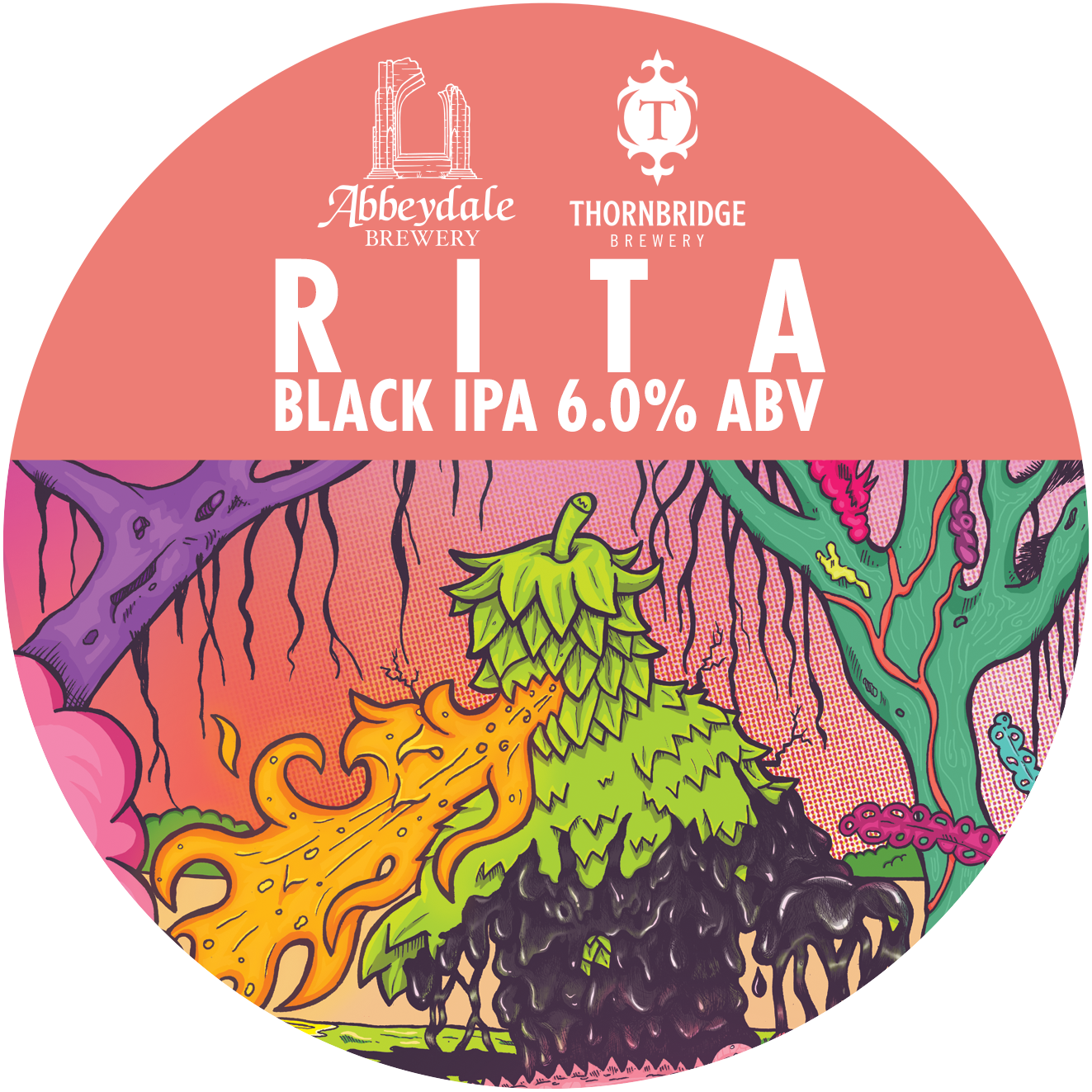 Craft Beer Label Illustration - Abbeydale Brewery x Thornbridge Brewery - Rita Black IPA Keg Artwork