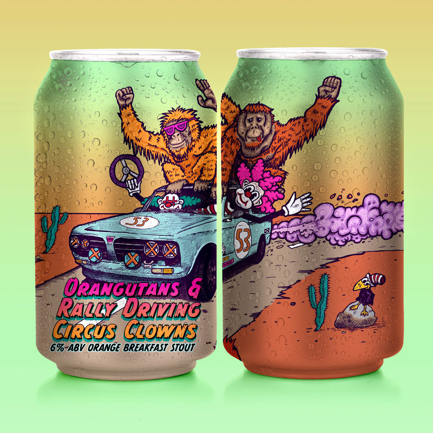 HOOCHIECOO Brew Co - Orangutans and Rally Driving Circus Clowns - Orange Breakfast Stout Craft Beer Can Mock-up