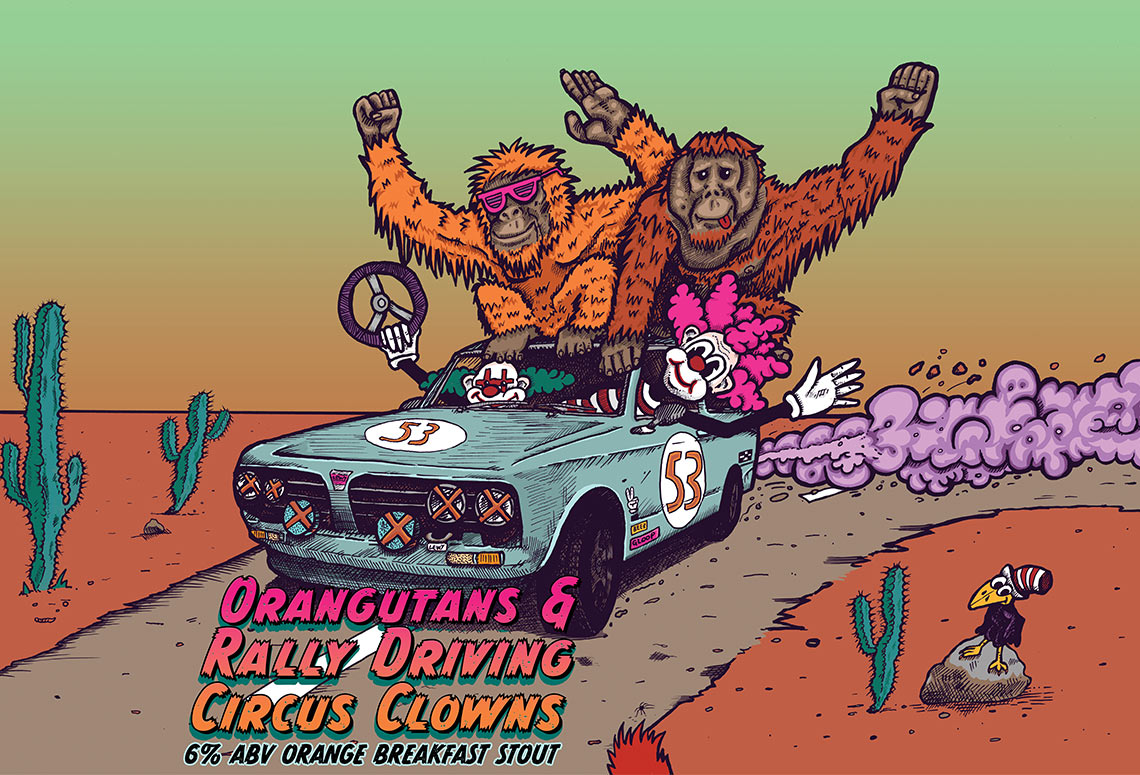 Craft Beer Label Illustration - HOOCHIECOO Brew Co - Orangutans and Rally Driving Circus Clowns - Orange Breakfast Stout